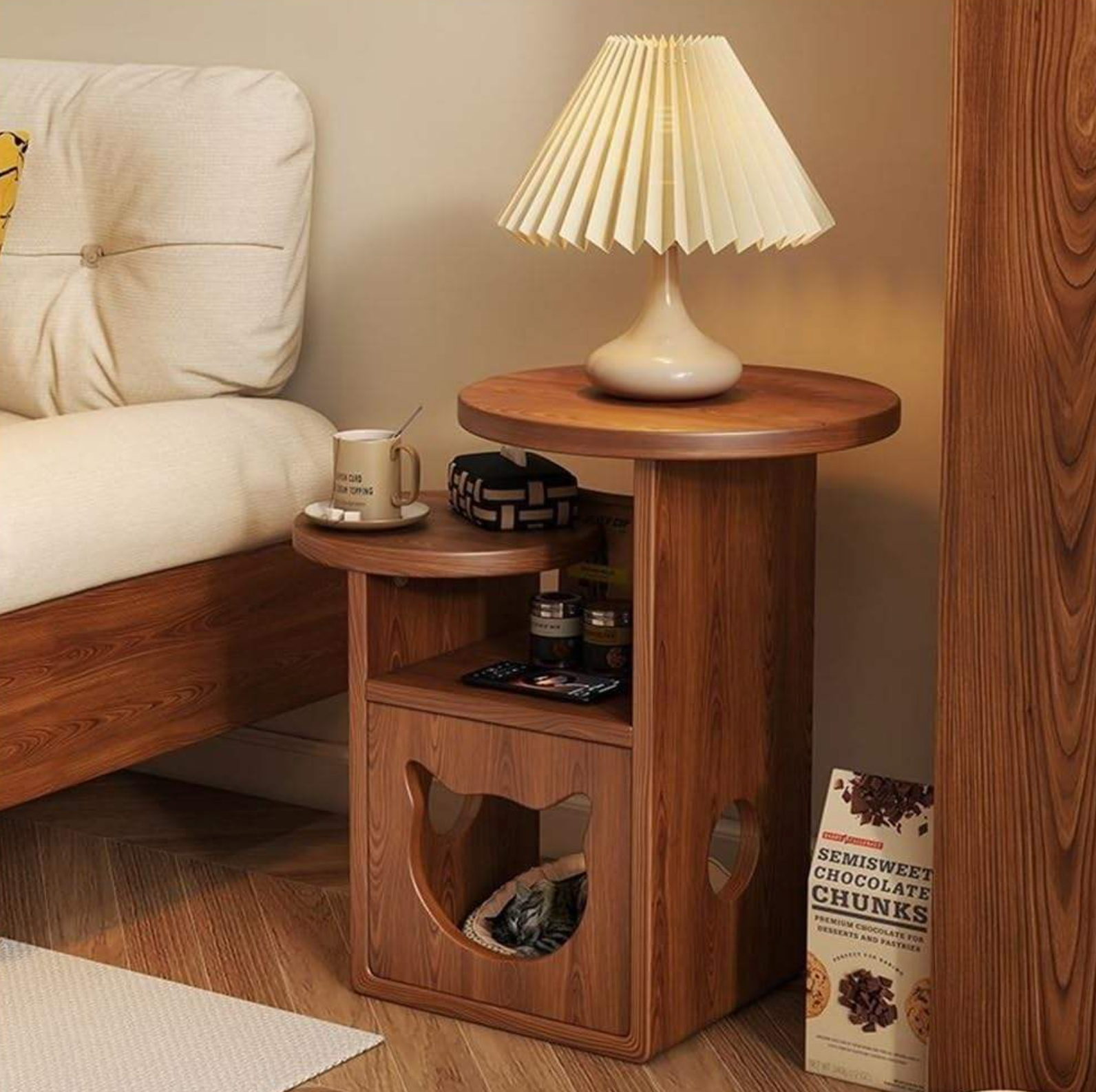 Modern Brown Solid Wood Round Nightstand
