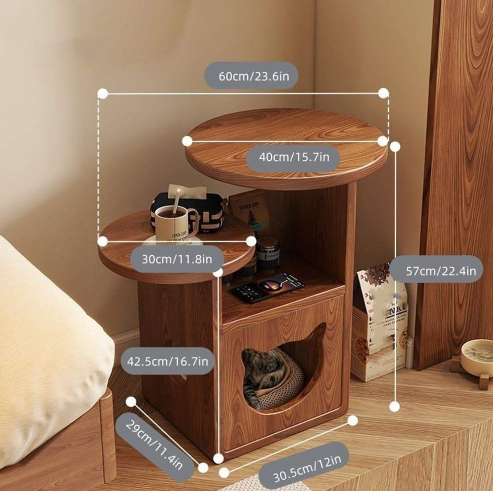 Modern Brown Solid Wood Round Nightstand